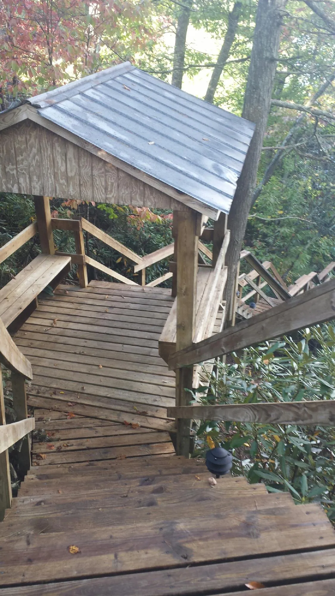 Metal roofed shelter over wooden steps on a wooded walkway — Skylight Repair & Installation work by our crew in Anthony